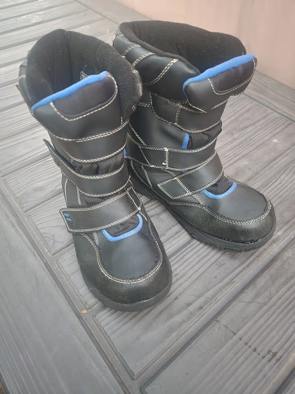 Kids Black and Blue Insulated Winter Boots with Double Velcro